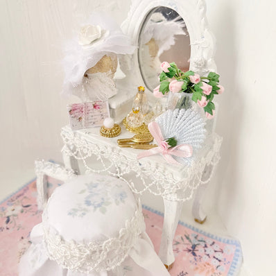 Chantallena White Bed Linens Blue Château -Vanity Set with Stool| Wooden White Distressed-1:12 Scale| Painted Petals Furniture |Chantallena