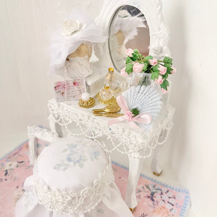 Chantallena White Bed Linens Blue Château -Vanity Set with Stool| Wooden White Distressed-1:12 Scale| Painted Petals Furniture |Chantallena