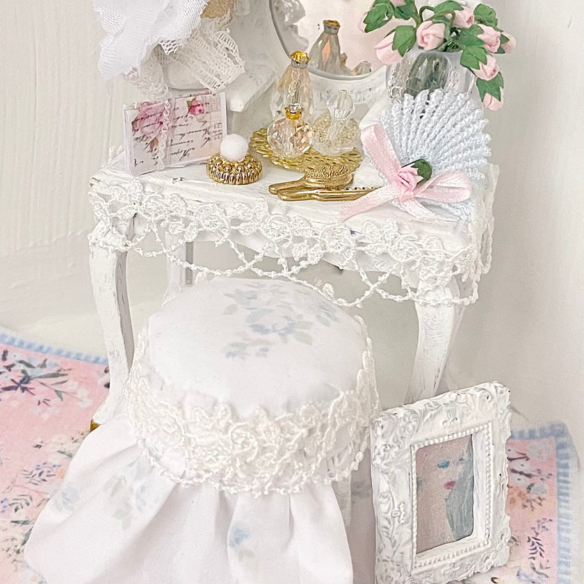 Chantallena White Bed Linens Blue Château -Vanity Set with Stool| Wooden White Distressed-1:12 Scale| Painted Petals Furniture |Chantallena