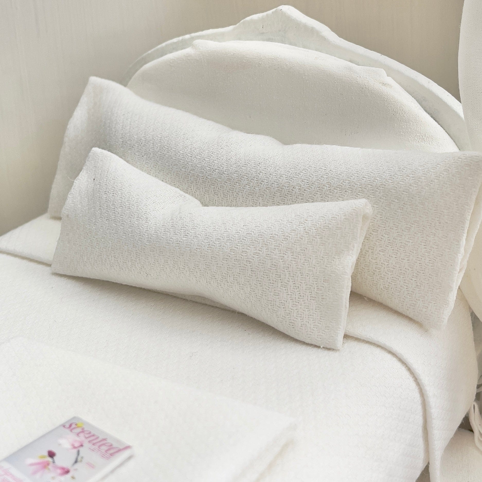 Chantallena White Bed Linens Boundless White | Textured White Cotton 1:12 Scale Bedding Set with Matching Throw| Modern Zen
