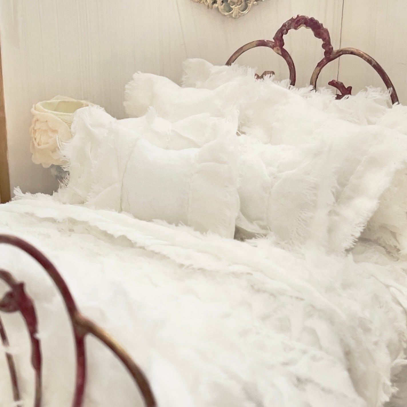 Chantallena White Bed Linens (Copy) Boundless White | White Distressed Ruffled Cotton 1:12 Scale Bedding Set  | Leanna