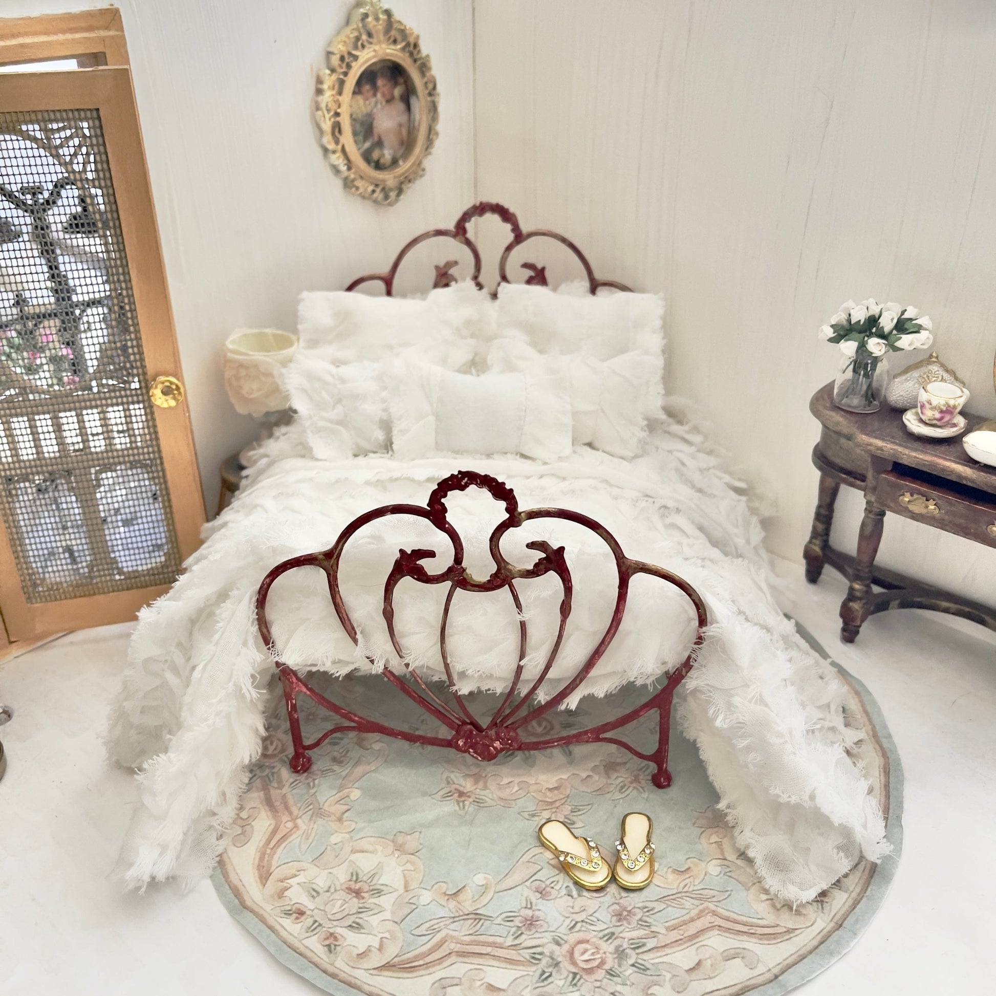 Chantallena White Bed Linens (Copy) Boundless White | White Distressed Ruffled Cotton 1:12 Scale Bedding Set  | Leanna