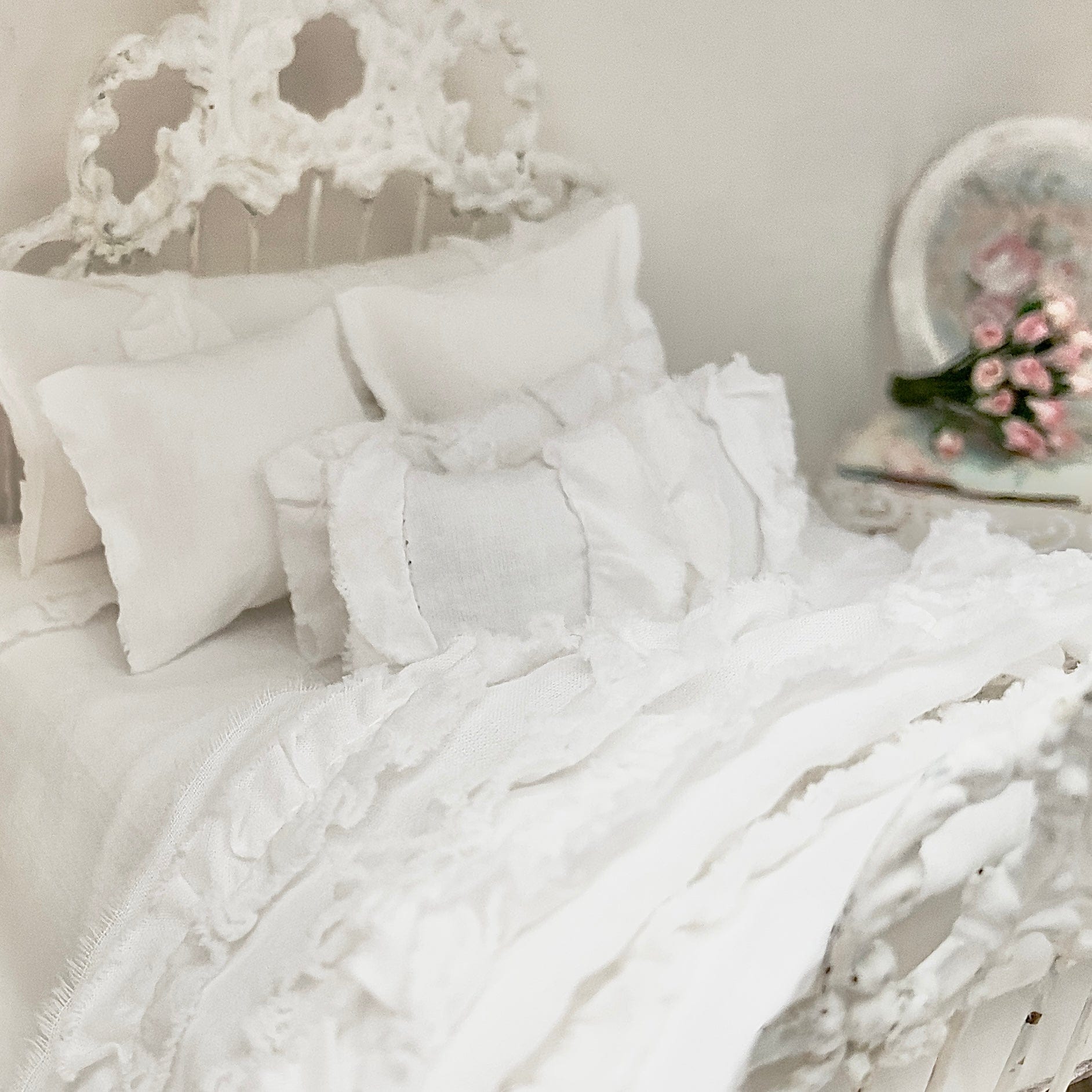 Chantallena White Bed Linens (Copy) (Copy) Boundless White| White Cotton with White Ruffles and Pintucks 1:12 Scale Bedding Set | Ciara