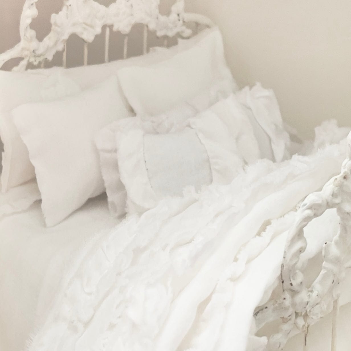 Chantallena White Bed Linens (Copy) (Copy) Boundless White| White Cotton with White Ruffles and Pintucks 1:12 Scale Bedding Set | Ciara