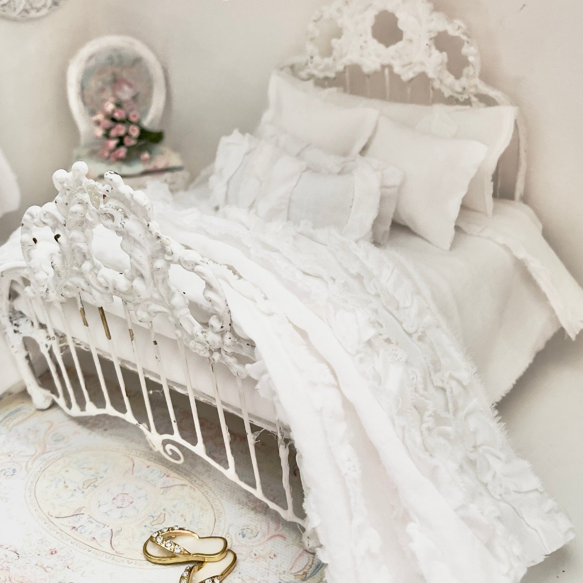 Chantallena White Bed Linens (Copy) (Copy) Boundless White| White Cotton with White Ruffles and Pintucks 1:12 Scale Bedding Set | Ciara