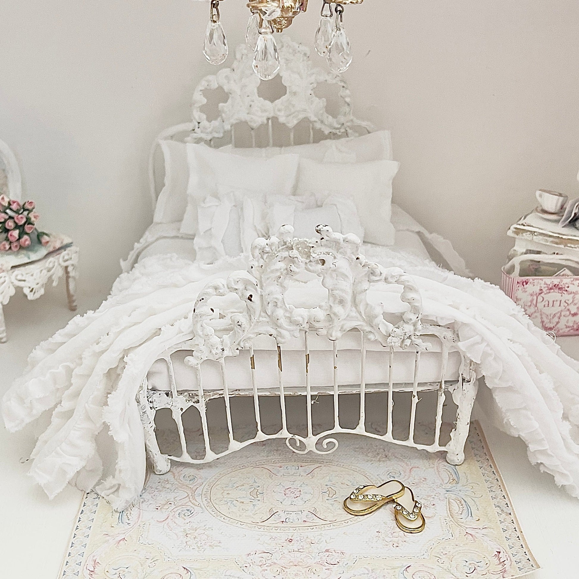 Chantallena White Bed Linens (Copy) (Copy) Boundless White| White Cotton with White Ruffles and Pintucks 1:12 Scale Bedding Set | Ciara