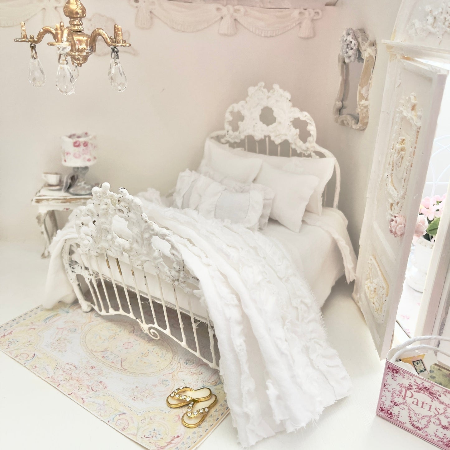 Chantallena White Bed Linens (Copy) (Copy) Boundless White| White Cotton with White Ruffles and Pintucks 1:12 Scale Bedding Set | Ciara