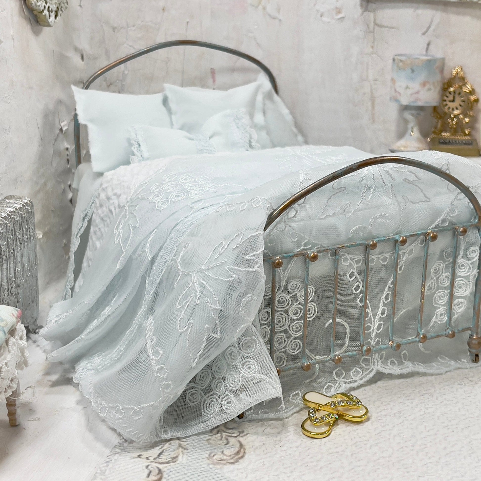 Chantallena White Bed Linens (Copy) (Copy) Boundless White| White Cotton with White Ruffles and Pintucks 1:12 Scale Bedding Set | Ciara