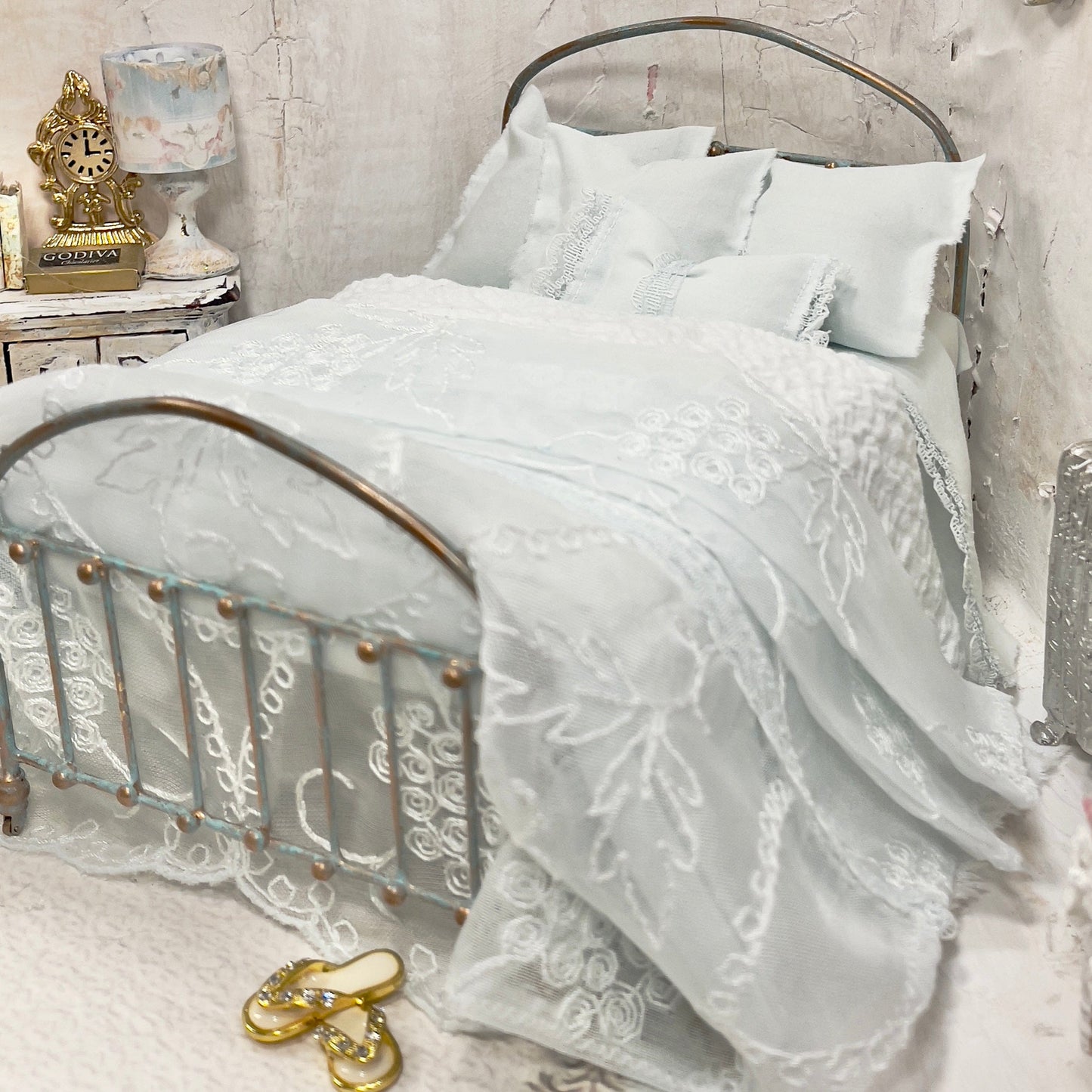 Chantallena White Bed Linens (Copy) (Copy) Boundless White| White Cotton with White Ruffles and Pintucks 1:12 Scale Bedding Set | Ciara