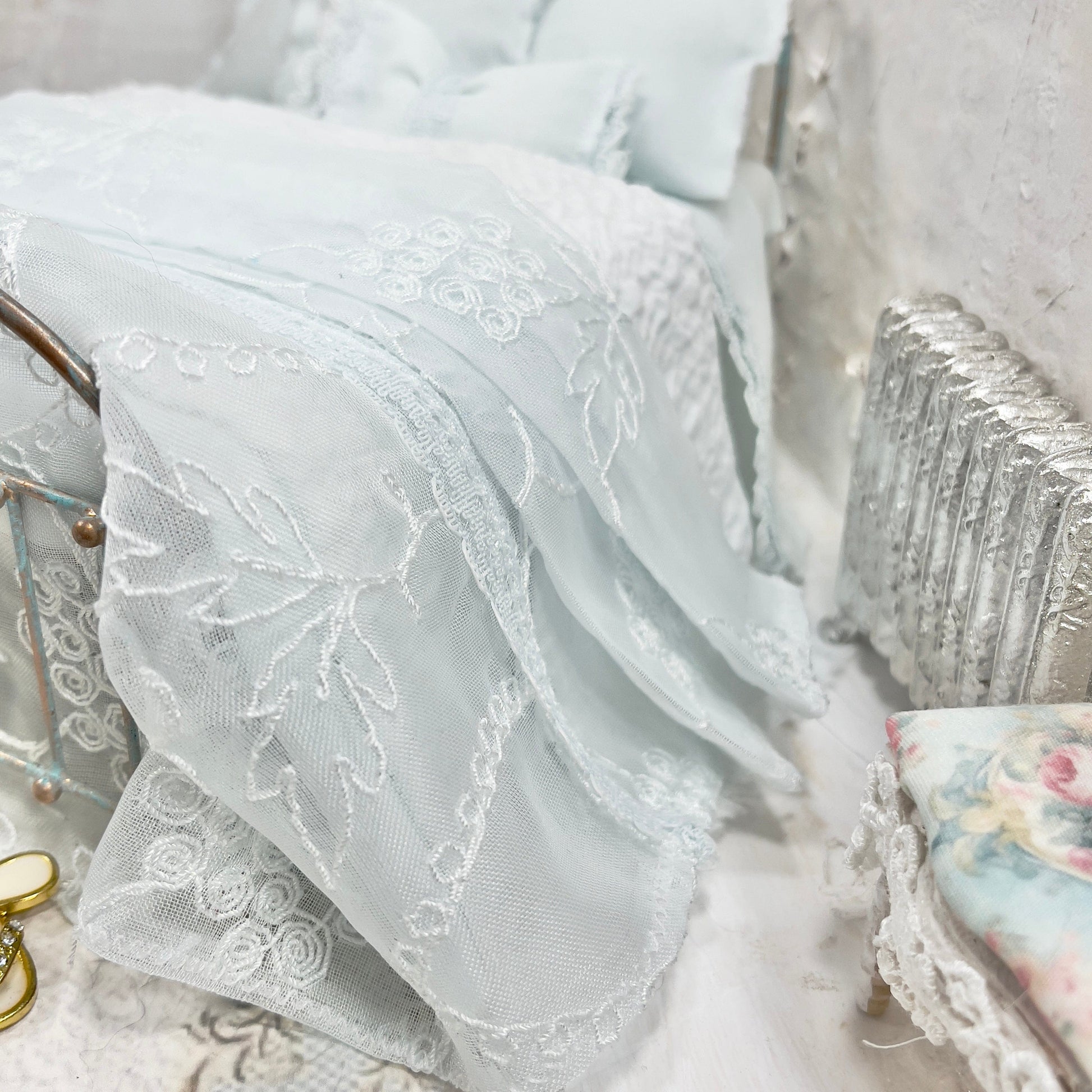 Chantallena White Bed Linens (Copy) (Copy) Boundless White| White Cotton with White Ruffles and Pintucks 1:12 Scale Bedding Set | Ciara