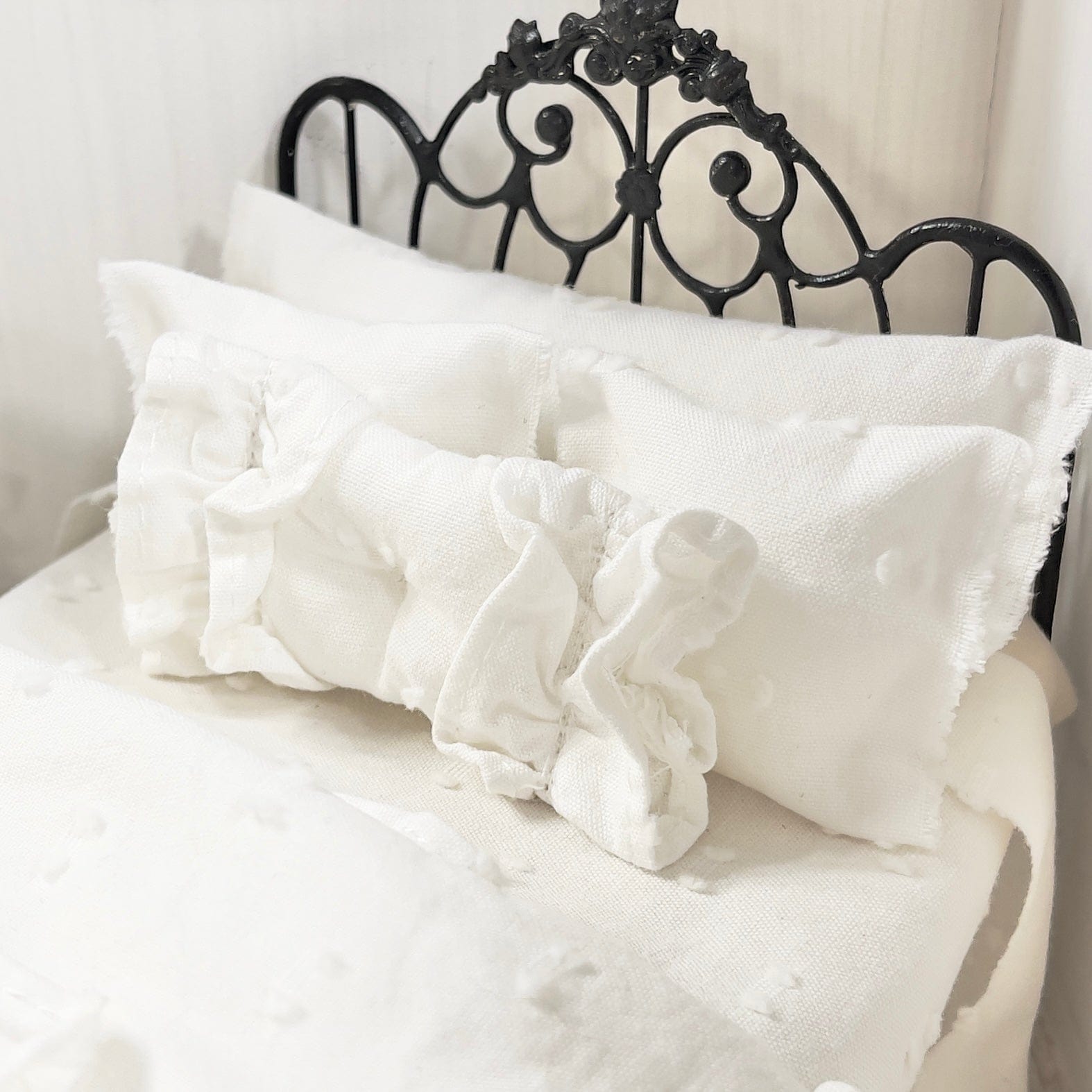 Chantallena White Bed Linens (Copy) (Copy) (Copy) Boundless White| White Cotton with White Ruffles and Pintucks 1:12 Scale Bedding Set | Ciara