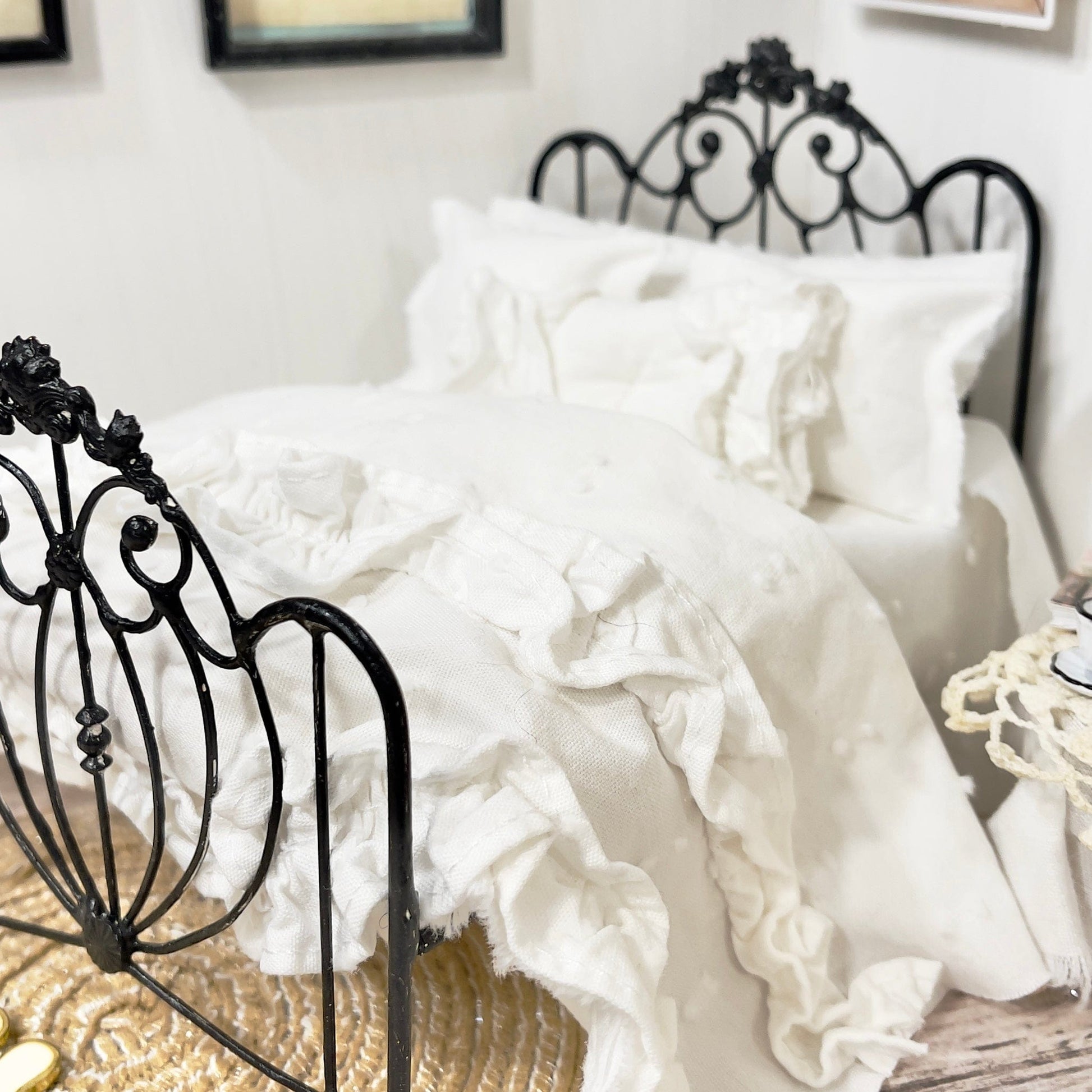 Chantallena White Bed Linens (Copy) (Copy) (Copy) Boundless White| White Cotton with White Ruffles and Pintucks 1:12 Scale Bedding Set | Ciara