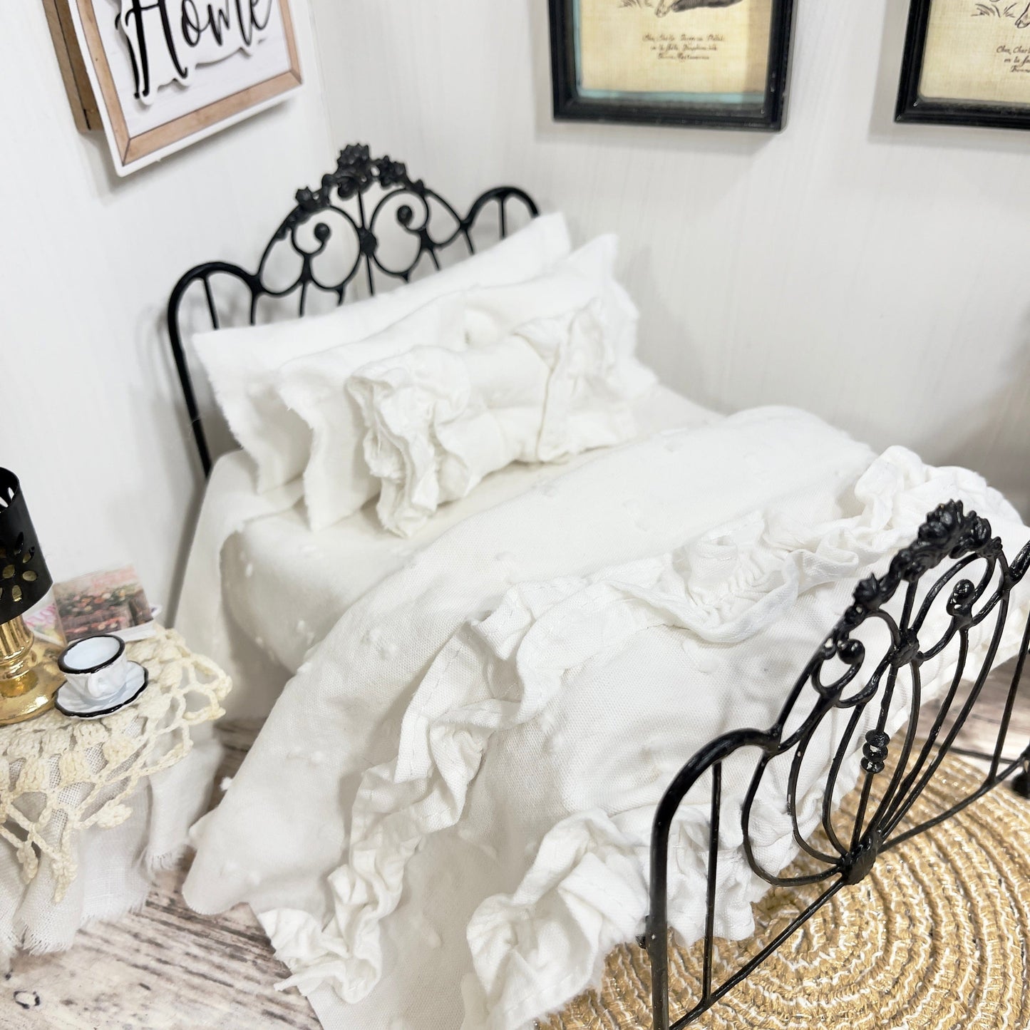 Chantallena White Bed Linens (Copy) (Copy) (Copy) Boundless White| White Cotton with White Ruffles and Pintucks 1:12 Scale Bedding Set | Ciara