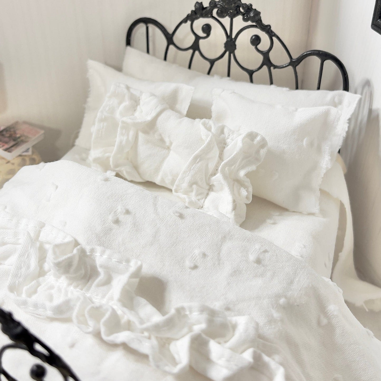 Chantallena White Bed Linens (Copy) (Copy) (Copy) Boundless White| White Cotton with White Ruffles and Pintucks 1:12 Scale Bedding Set | Ciara