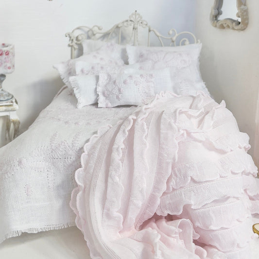 Chantallena White Bed Linens (Copy) Tattered Romance | White Linen with Pink Embroidery 1:12 Scale Bedding Set | Eva