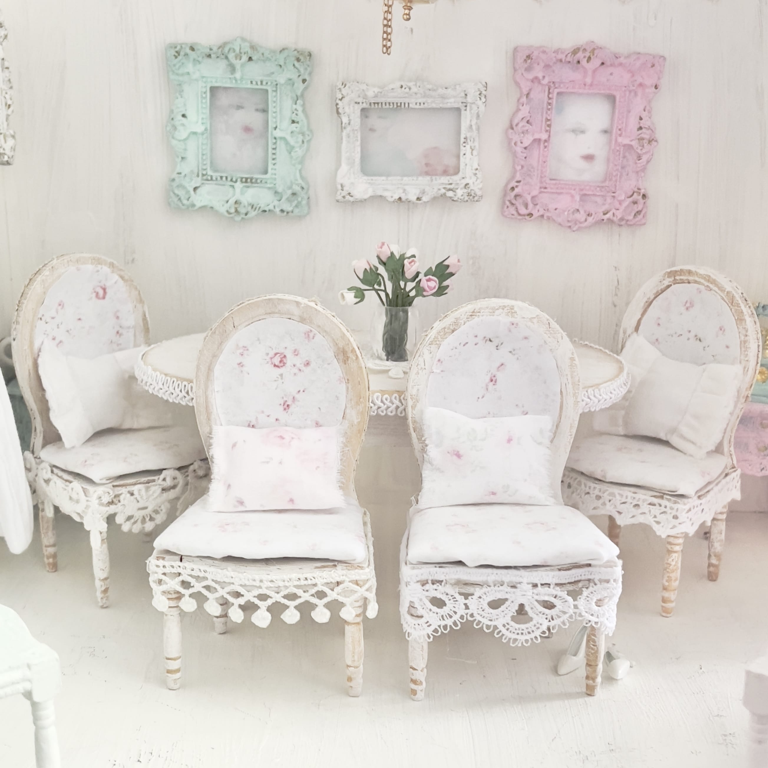 Chantallena White Bed Linens Dining Table and Four Chairs Wooden Distressed White -1:12 Scale| Painted Petals Furniture |Chantallena