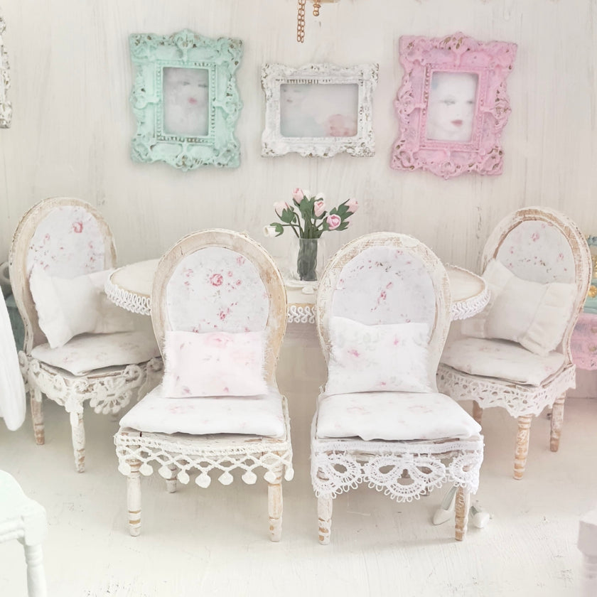 Chantallena White Bed Linens Dining Table and Four Chairs Wooden Distressed White -1:12 Scale| Painted Petals Furniture |Chantallena