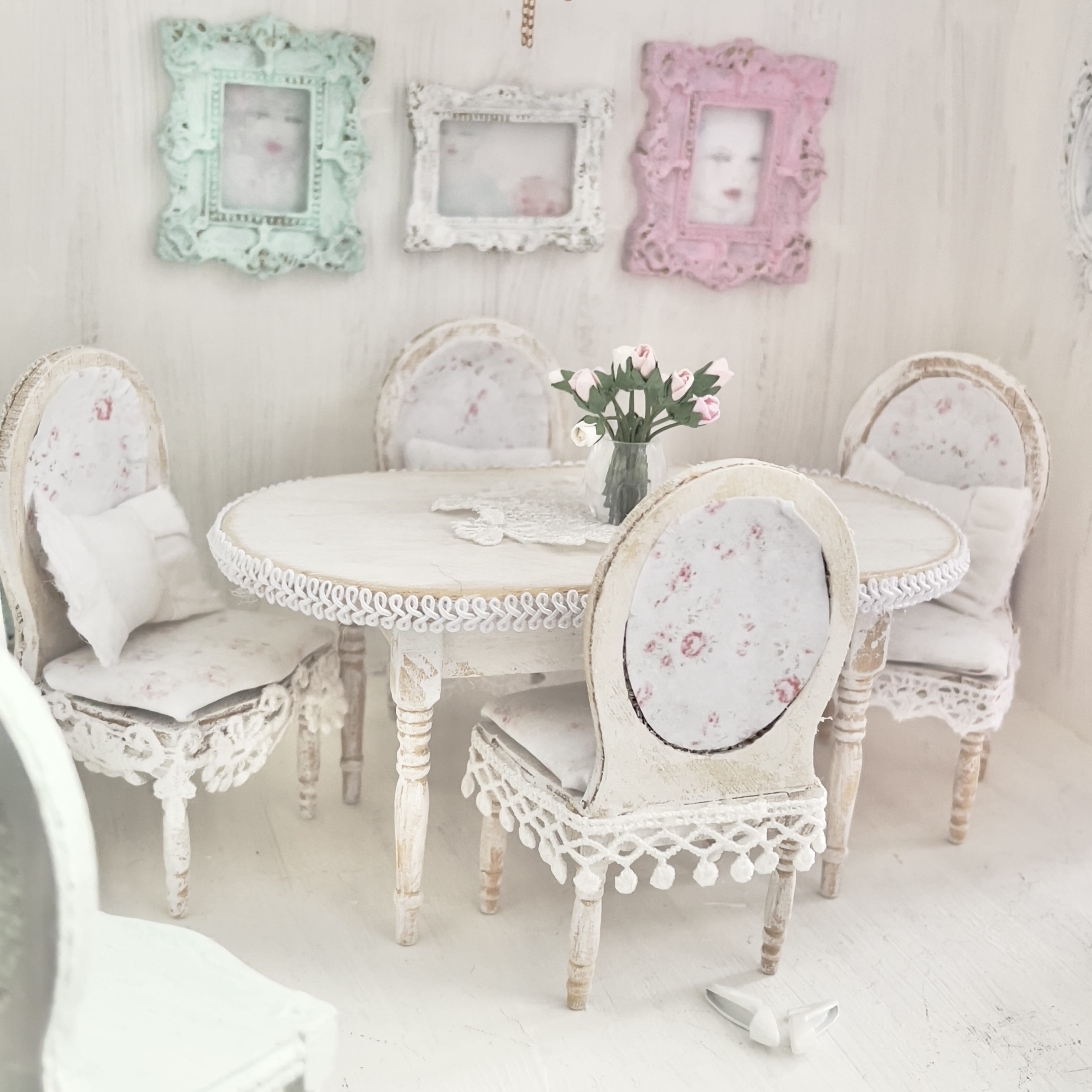Chantallena White Bed Linens Dining Table and Four Chairs Wooden Distressed White -1:12 Scale| Painted Petals Furniture |Chantallena