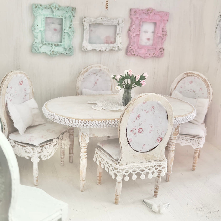 Chantallena White Bed Linens Dining Table and Four Chairs Wooden Distressed White -1:12 Scale| Painted Petals Furniture |Chantallena