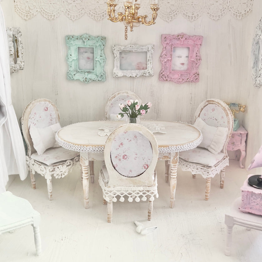 Chantallena White Bed Linens Dining Table and Four Chairs Wooden Distressed White -1:12 Scale| Painted Petals Furniture |Chantallena