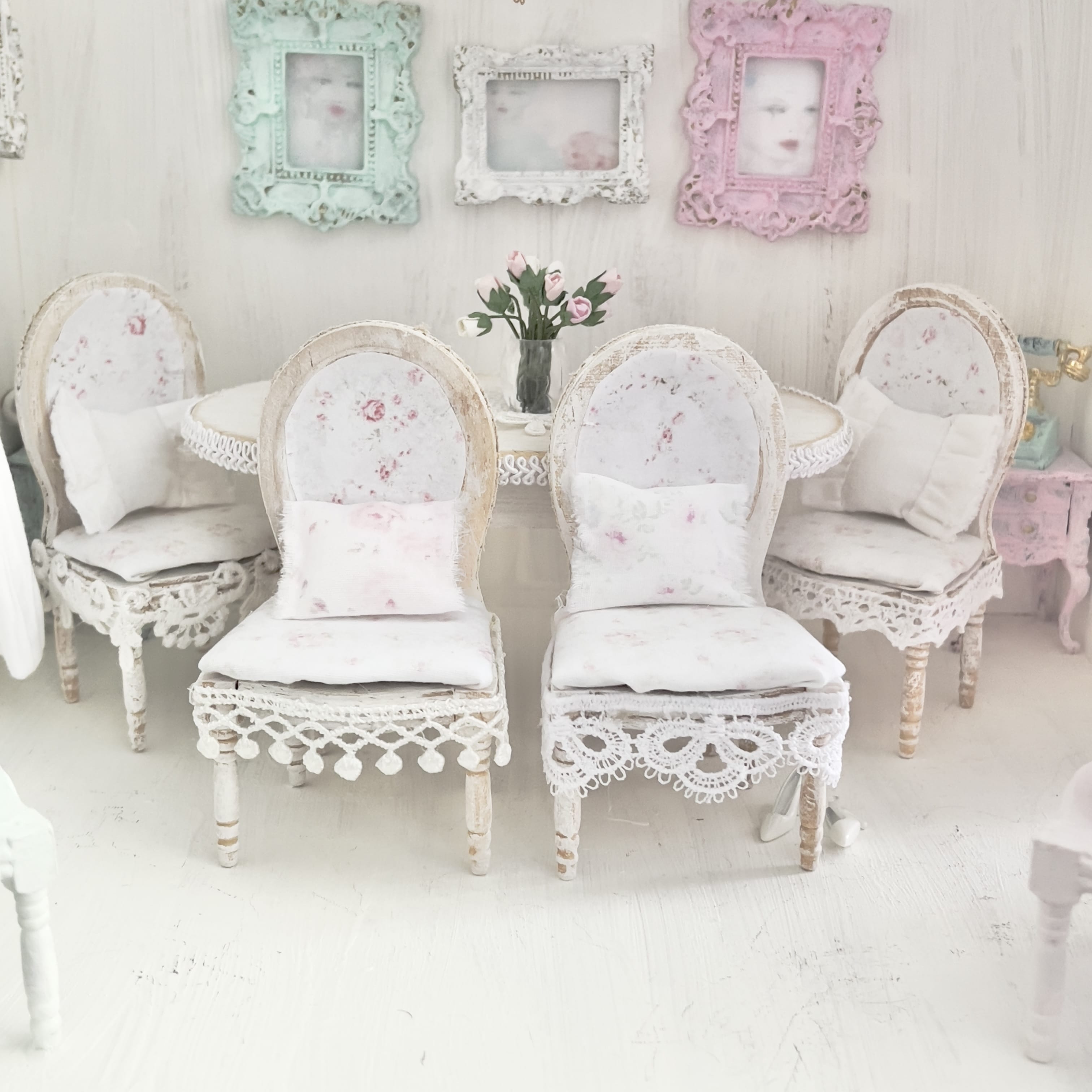 Chantallena White Bed Linens Dining Table and Four Chairs Wooden Distressed White -1:12 Scale| Painted Petals Furniture |Chantallena