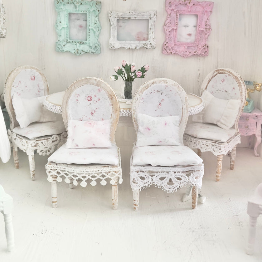 Chantallena White Bed Linens Dining Table and Four Chairs Wooden Distressed White -1:12 Scale| Painted Petals Furniture |Chantallena