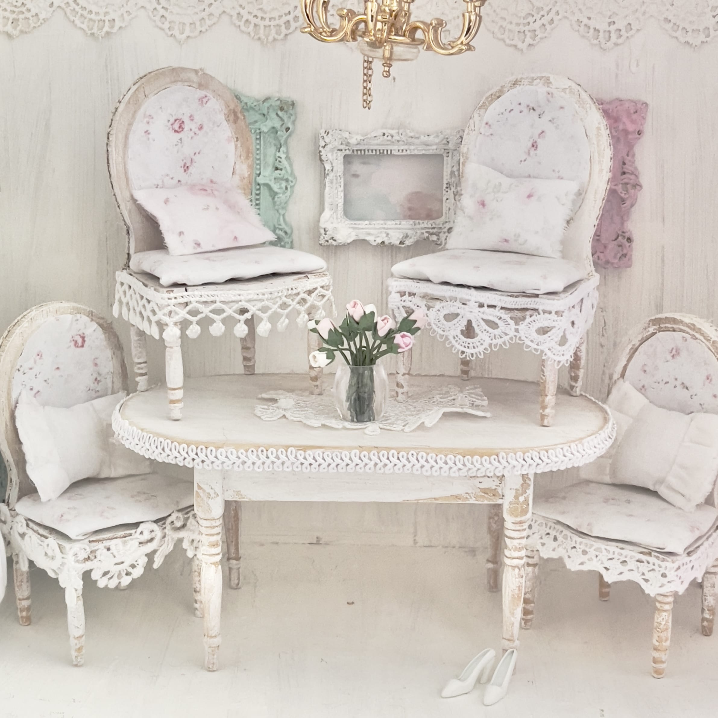 Chantallena White Bed Linens Dining Table and Four Chairs Wooden Distressed White -1:12 Scale| Painted Petals Furniture |Chantallena