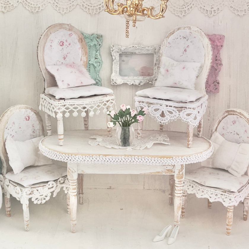 Chantallena White Bed Linens Dining Table and Four Chairs Wooden Distressed White -1:12 Scale| Painted Petals Furniture |Chantallena