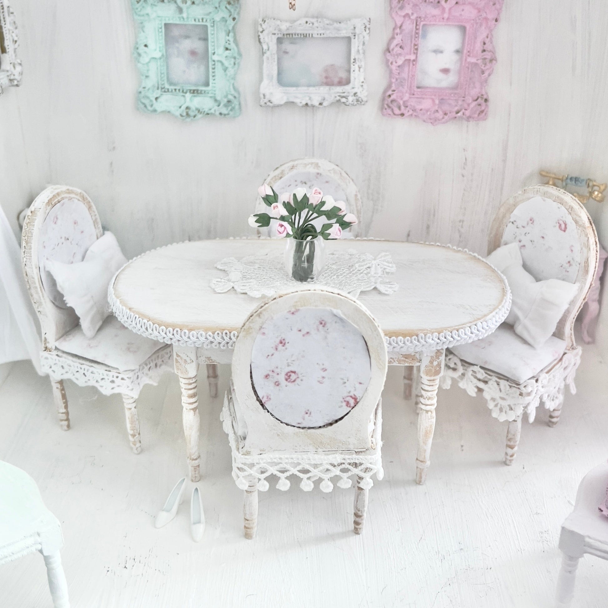 Chantallena White Bed Linens Dining Table and Four Chairs| Wooden Distressed White | Painted Petals Furniture
