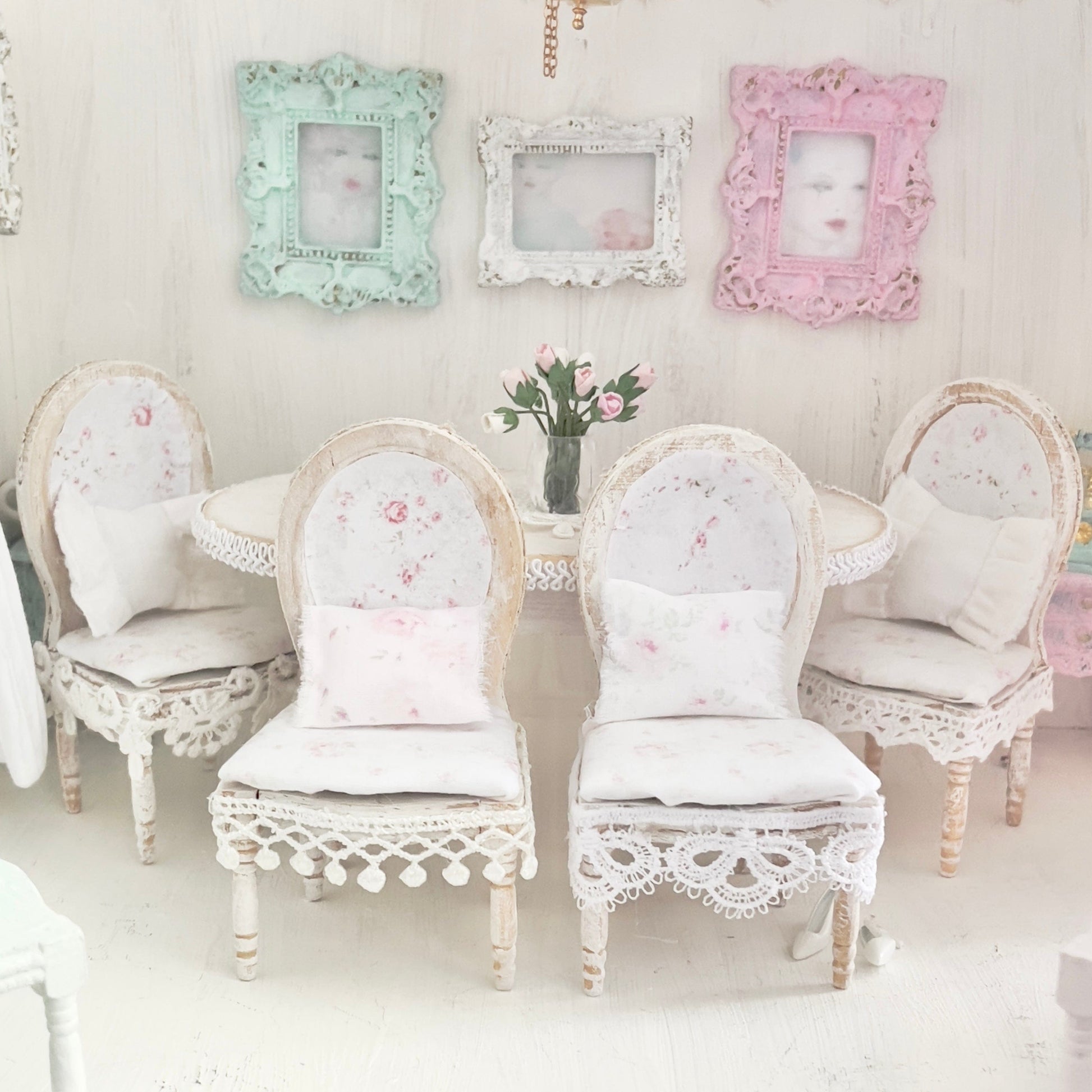 Chantallena White Bed Linens Dining Table and Four Chairs| Wooden Distressed White | Painted Petals Furniture