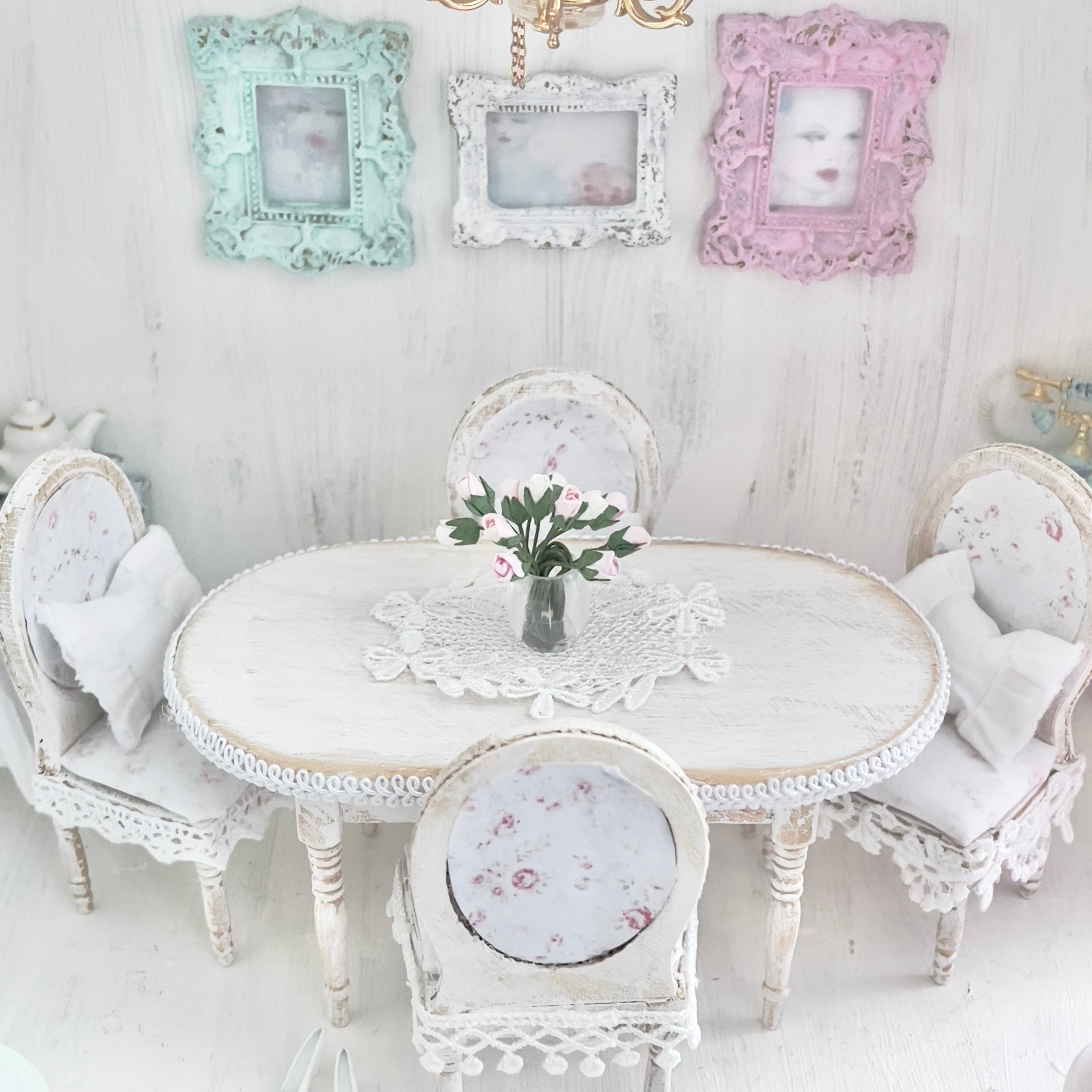 Chantallena White Bed Linens Dining Table and Four Chairs| Wooden Distressed White | Painted Petals Furniture