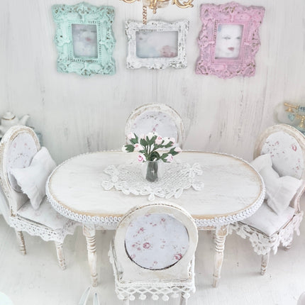 Chantallena White Bed Linens Dining Table and Four Chairs| Wooden Distressed White | Painted Petals Furniture
