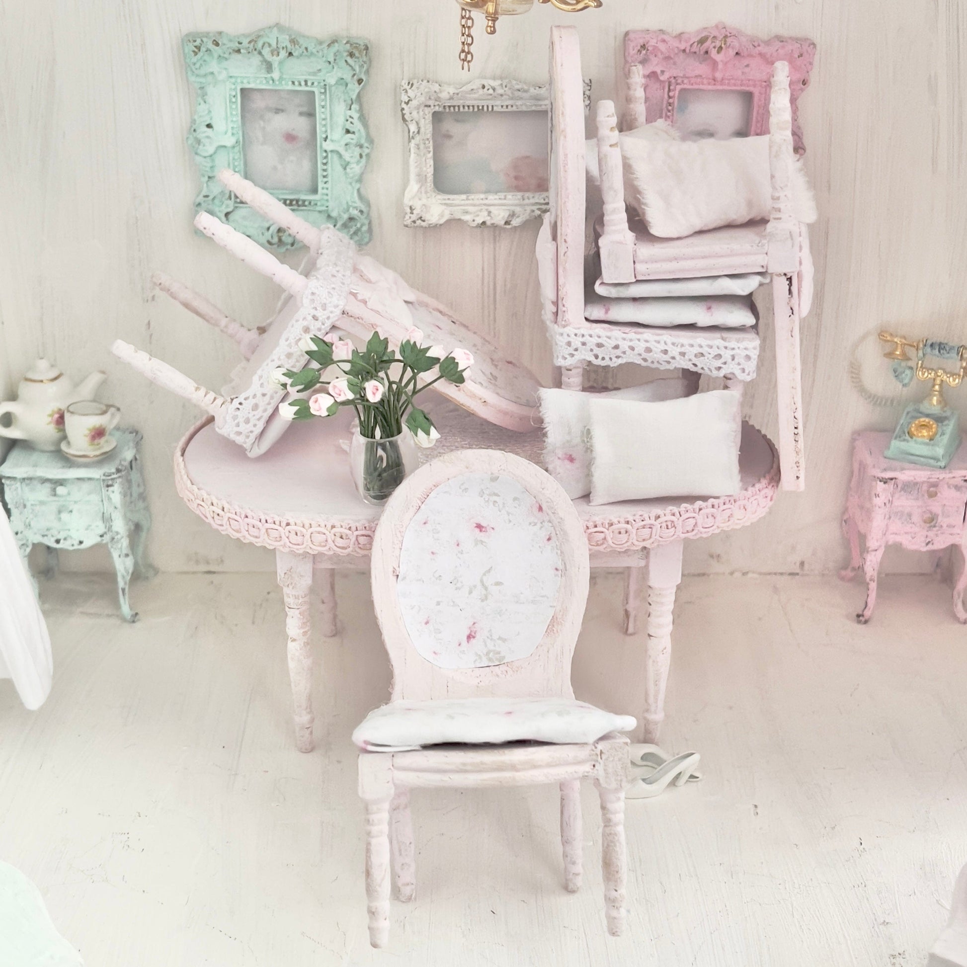 Chantallena White Bed Linens Dining Table and Four Chairs| Wooden Pink Distressed| Painted Petals Furniture
