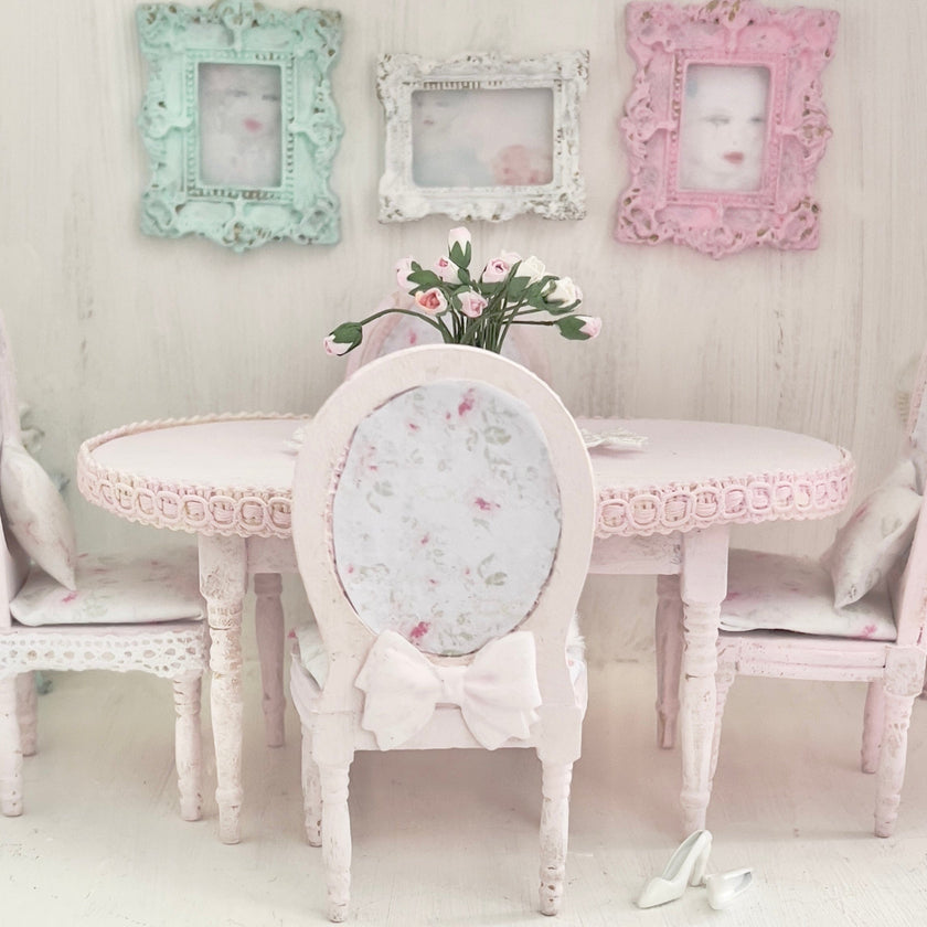 Chantallena White Bed Linens Dining Table and Four Chairs| Wooden Pink Distressed| Painted Petals Furniture
