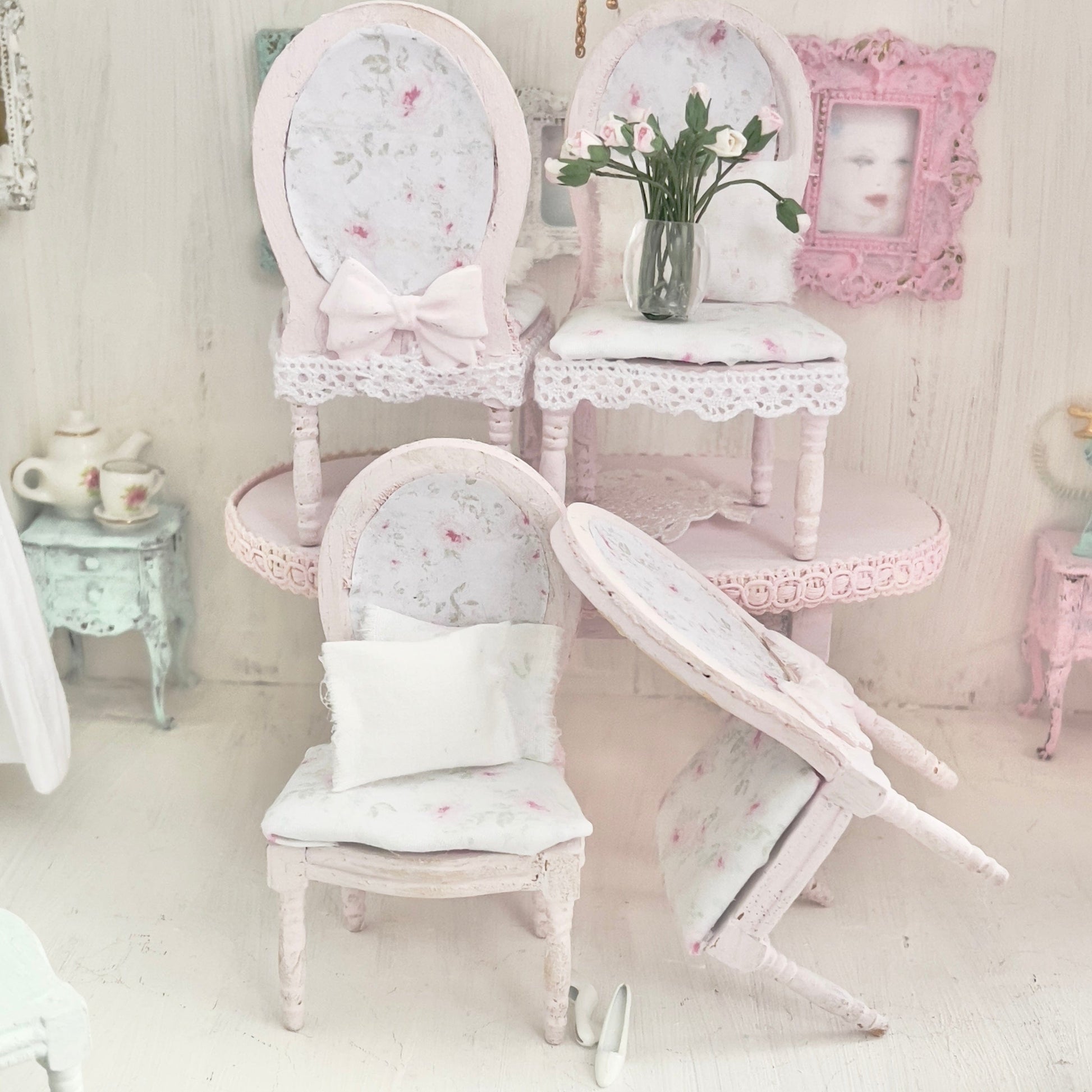 Chantallena White Bed Linens Dining Table and Four Chairs| Wooden Pink Distressed| Painted Petals Furniture