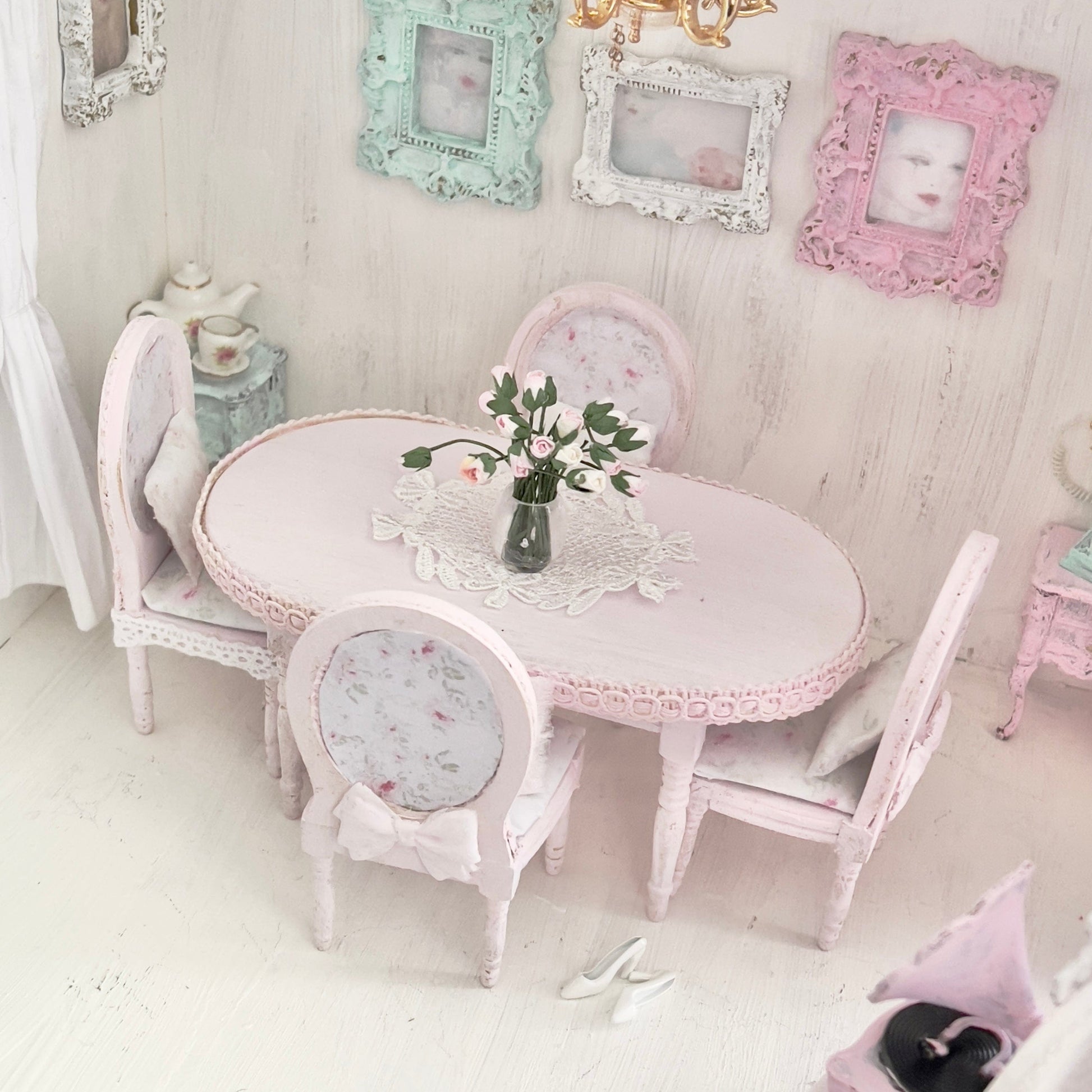 Chantallena White Bed Linens Dining Table and Four Chairs| Wooden Pink Distressed| Painted Petals Furniture