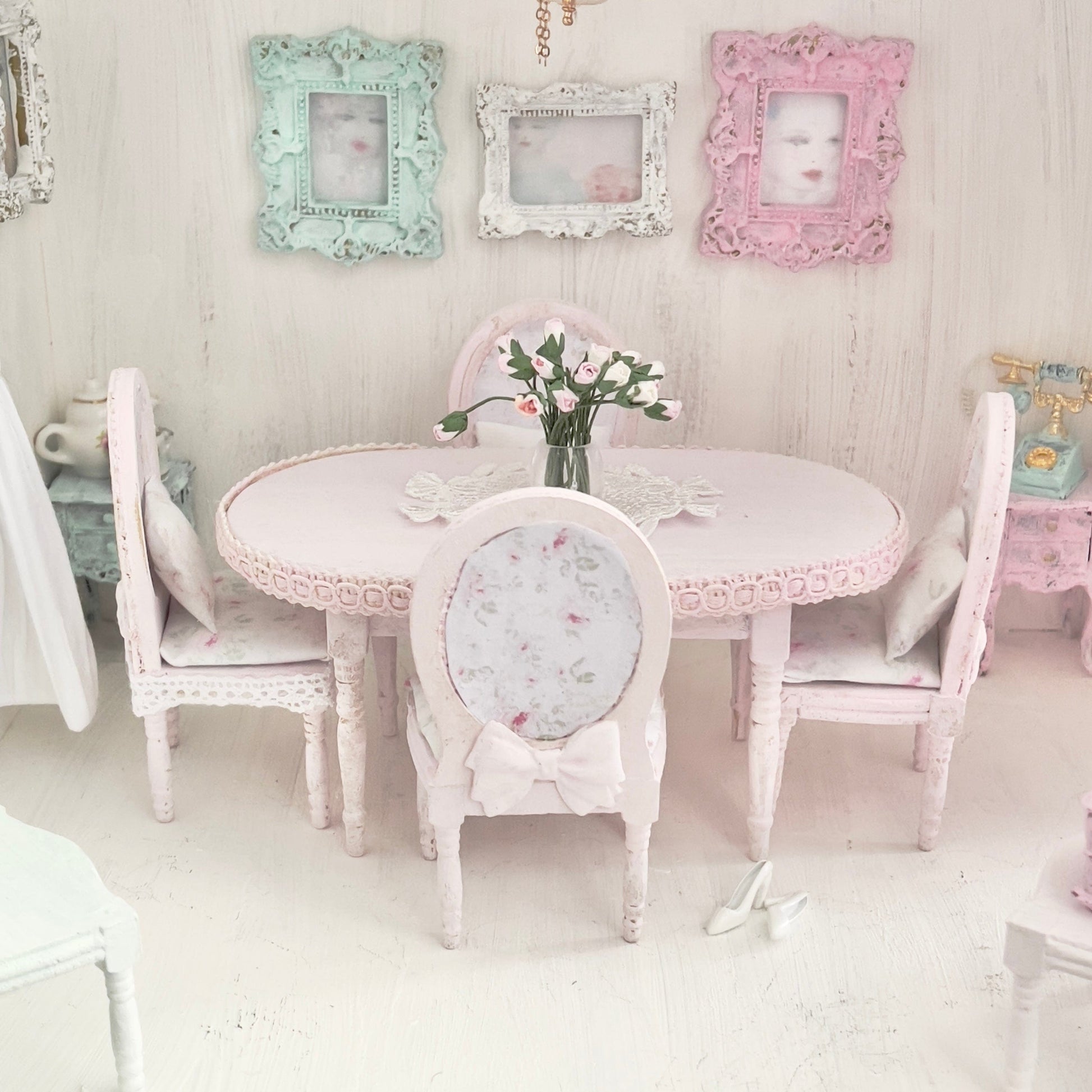 Chantallena White Bed Linens Dining Table and Four Chairs| Wooden Pink Distressed| Painted Petals Furniture
