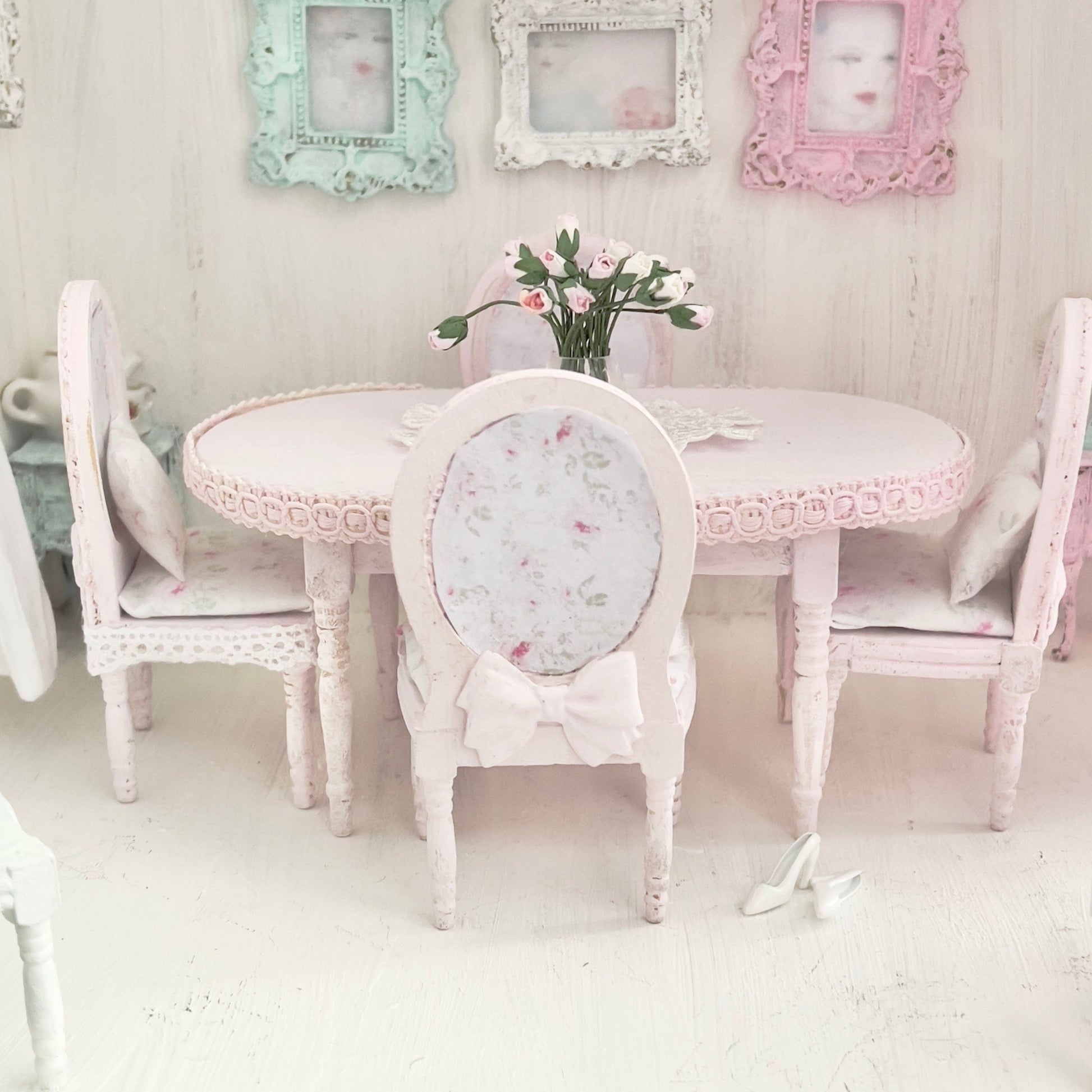 Chantallena White Bed Linens Dining Table and Four Chairs| Wooden Pink Distressed| Painted Petals Furniture