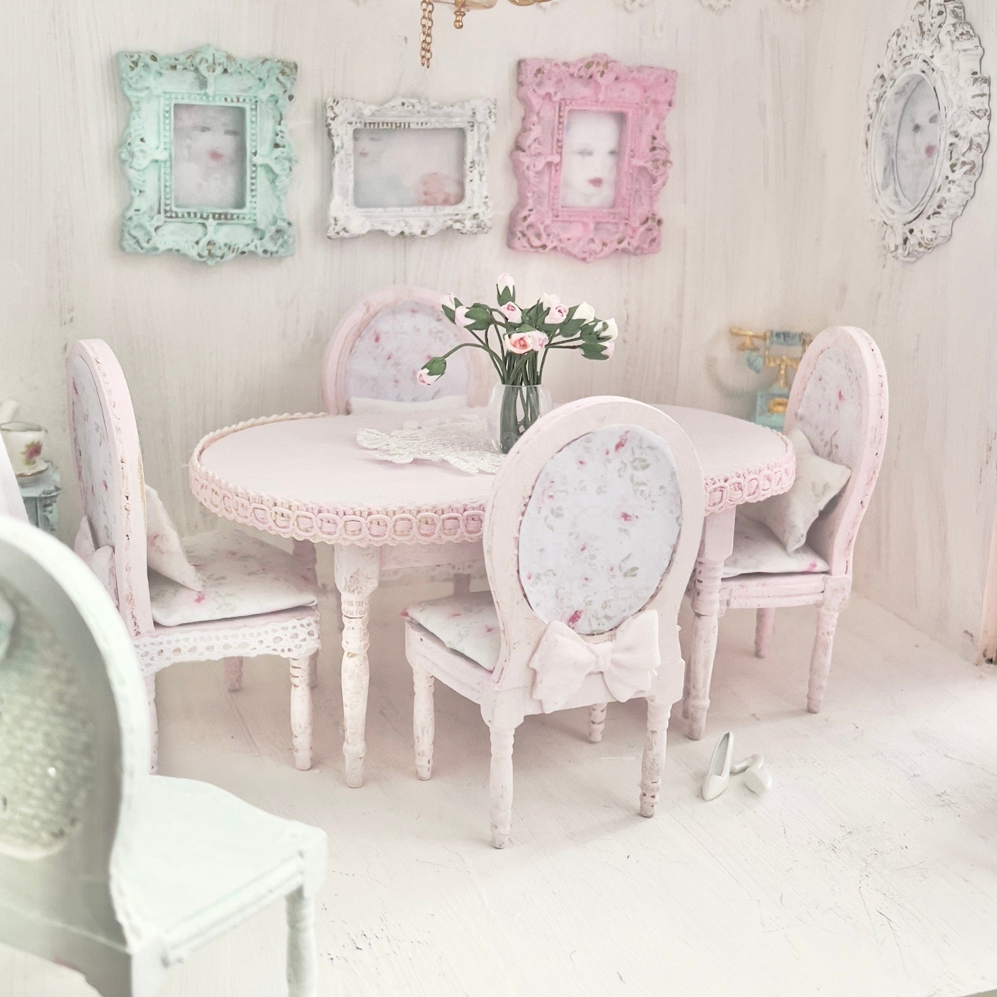 Chantallena White Bed Linens Dining Table and Four Chairs| Wooden Pink Distressed| Painted Petals Furniture