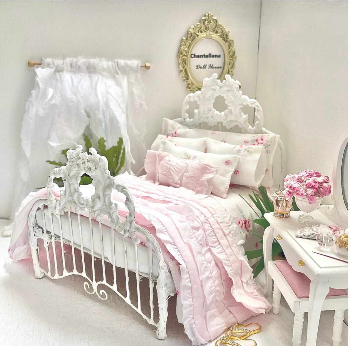 Chantallena White Bed Linens Maria-Pink Roses with Ruffled Throw Dollhouse Bedding Set-1:12 Scale| Forever in Bloom |Chantallena