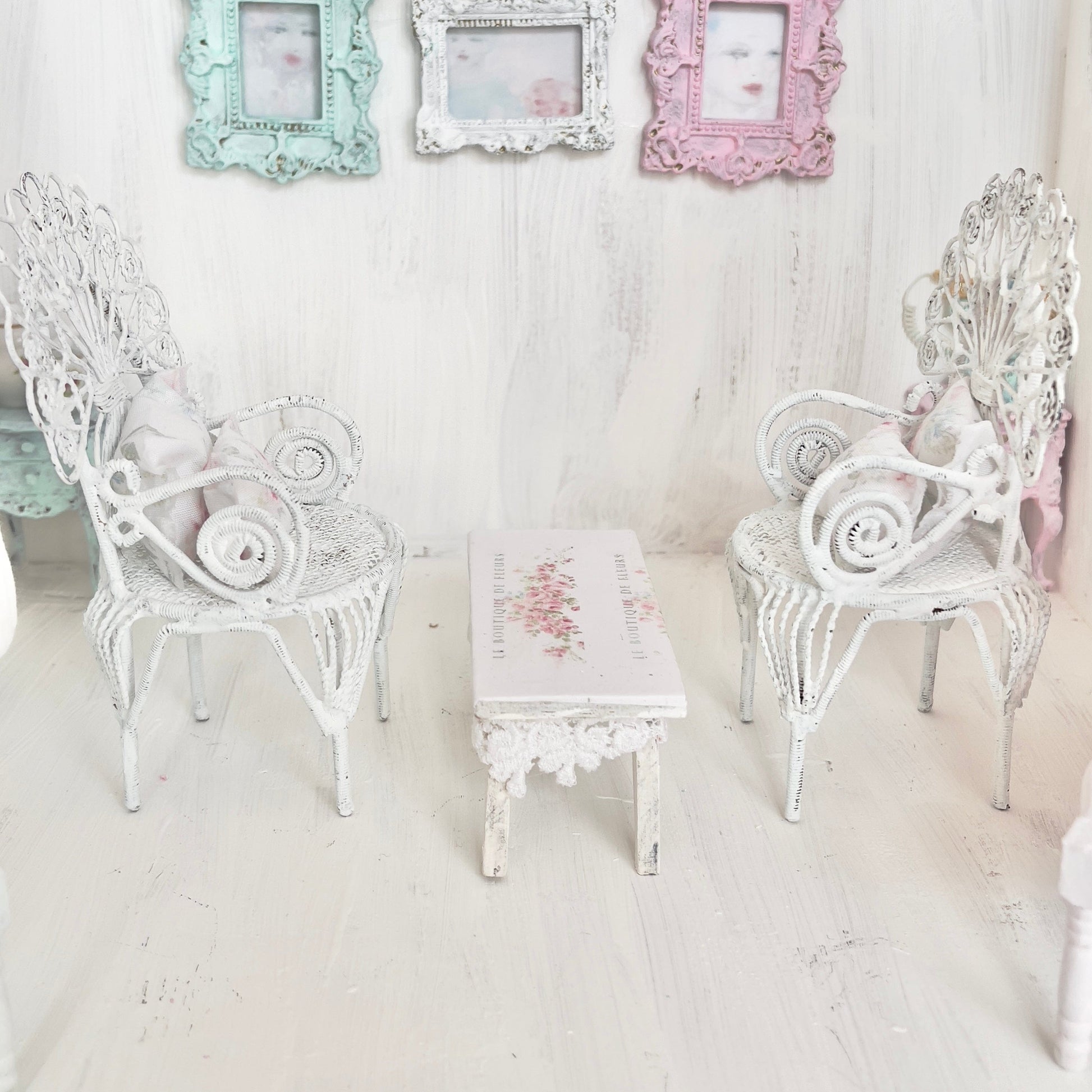 Chantallena White Bed Linens Pair of Painted White Wire Wicker Chairs with Decoupaged Table| Painted Petals Furniture