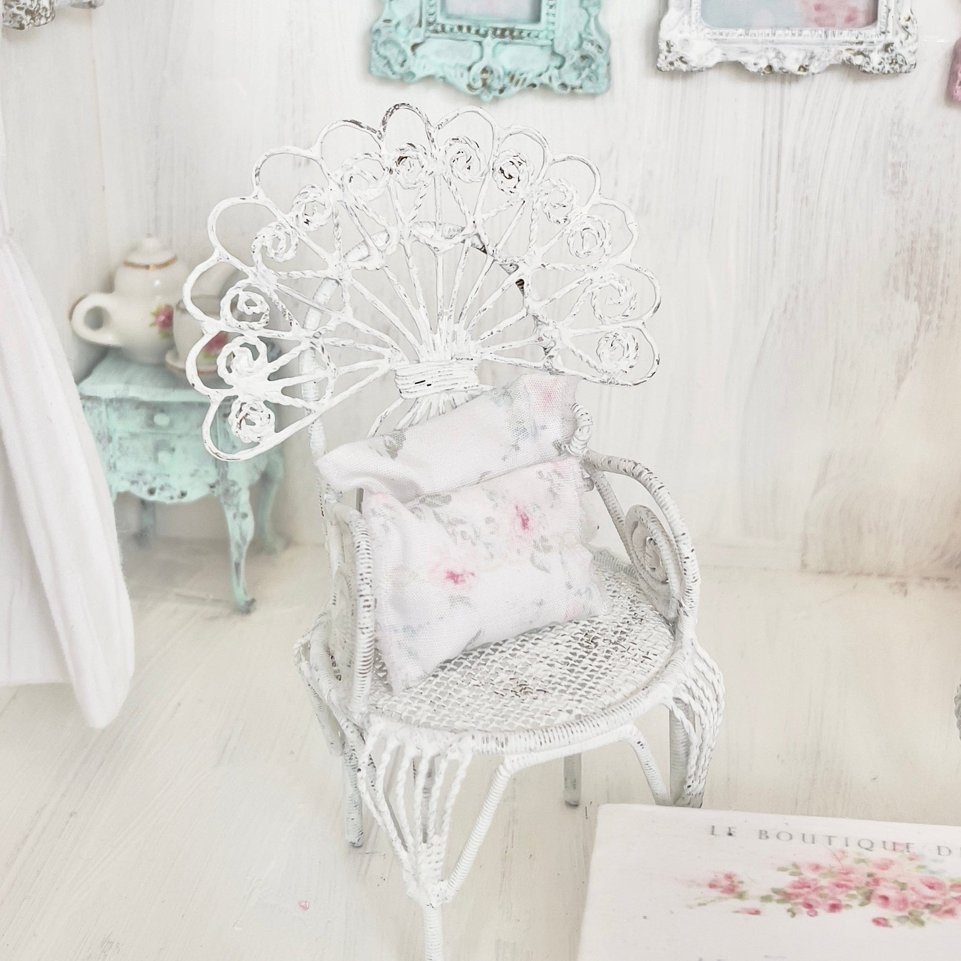 Chantallena White Bed Linens Pair of Painted White Wire Wicker Chairs with Decoupaged Table| Painted Petals Furniture