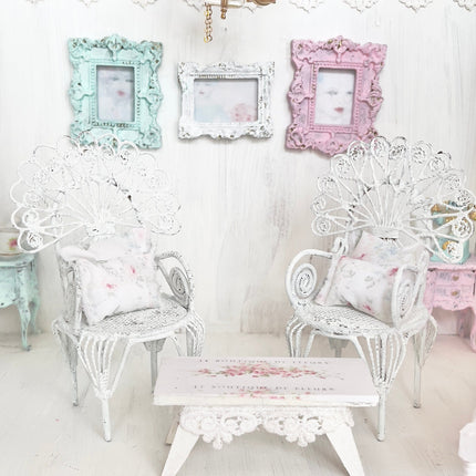 Chantallena White Bed Linens Pair of Painted White Wire Wicker Chairs with Decoupaged Table| Painted Petals Furniture