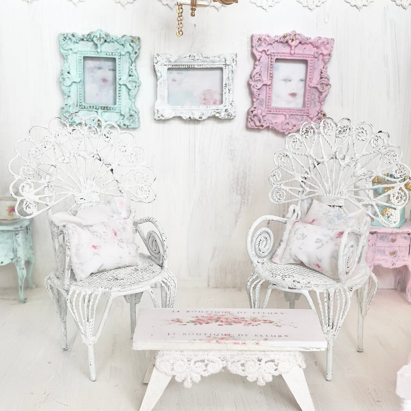 Chantallena White Bed Linens Pair of Painted White Wire Wicker Chairs with Decoupaged Table| Painted Petals Furniture