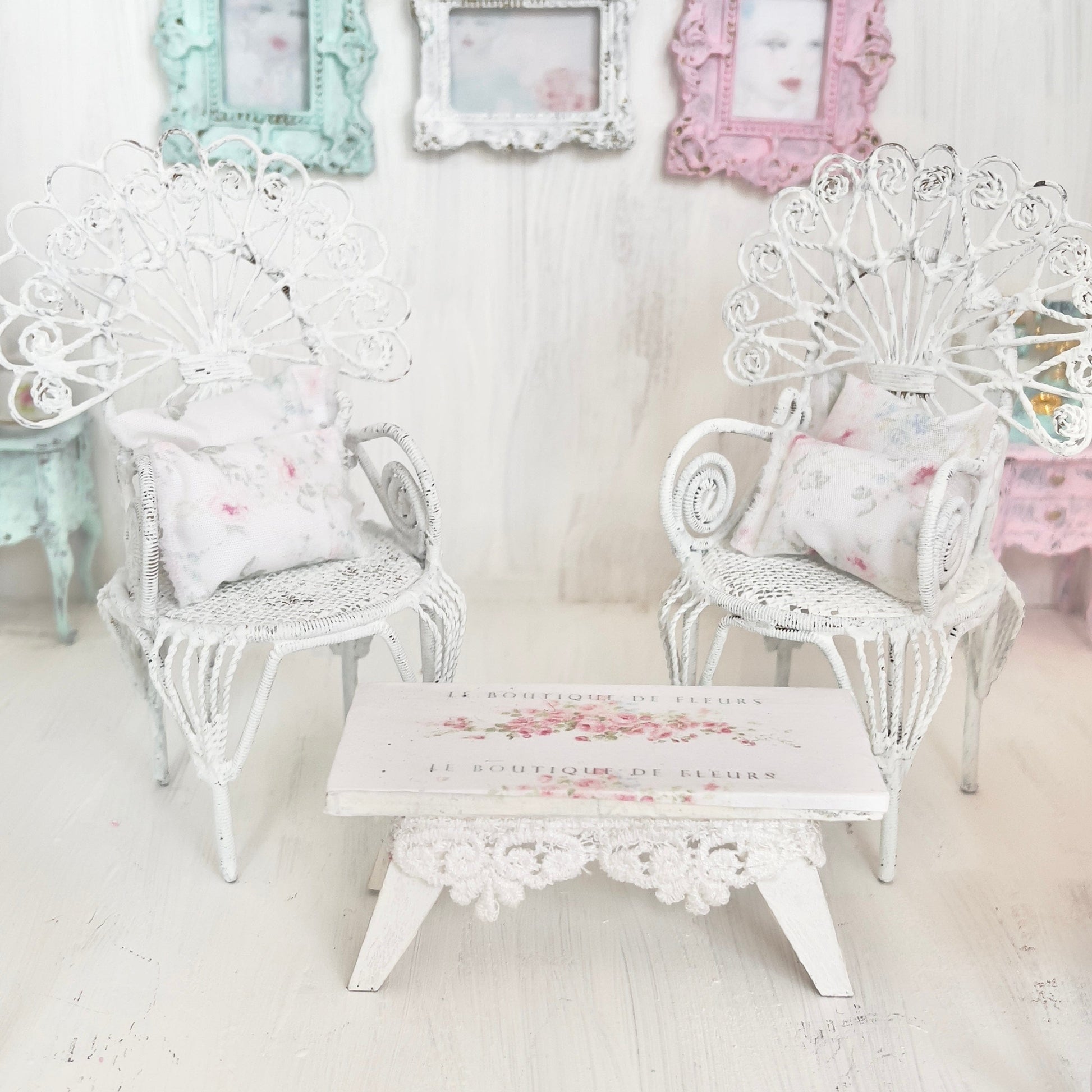 Chantallena White Bed Linens Pair of Painted White Wire Wicker Chairs with Decoupaged Table| Painted Petals Furniture