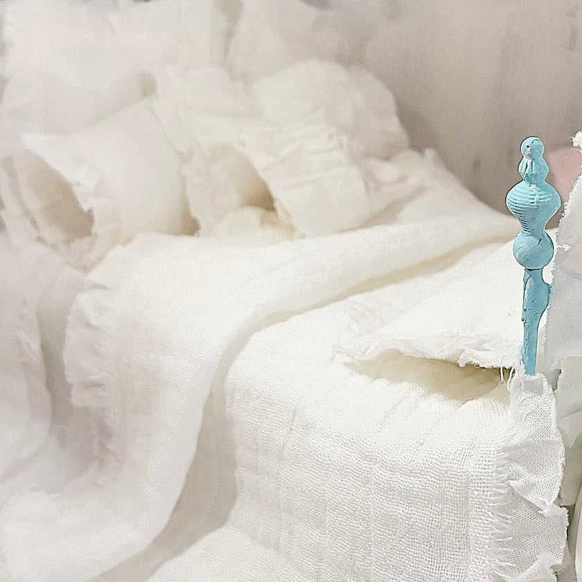 Chantallena White Bed Linens Pauline-White Cotton with White Shabby Ruffles-1:12 Scale Bedding Set|Forever in Bloom
