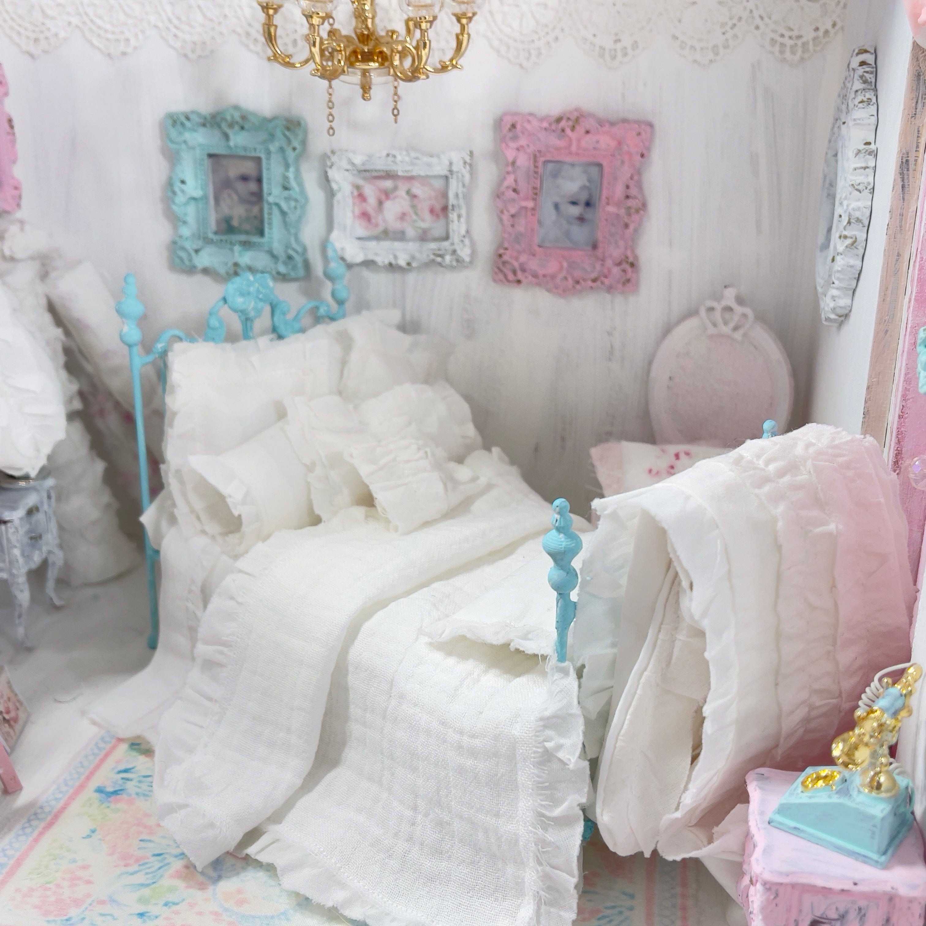 Chantallena White Bed Linens Pauline-White Cotton with White Shabby Ruffles-1:12 Scale Bedding Set|Forever in Bloom