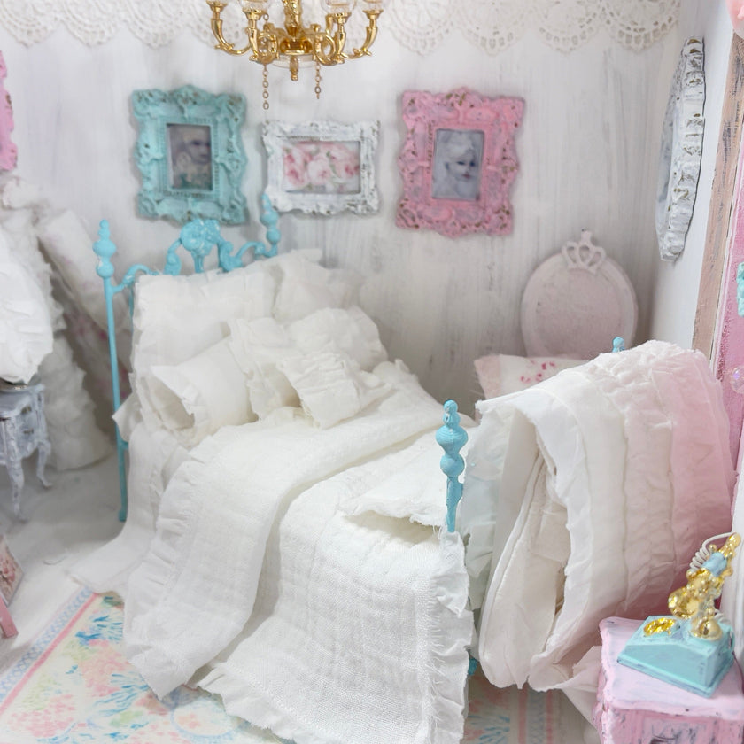 Chantallena White Bed Linens Pauline-White Cotton with White Shabby Ruffles-1:12 Scale Bedding Set|Forever in Bloom