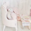 Chantallena White Bed Linens Pink Painted Vintage Look Sofa with Decoupaged Table| Painted Petals Furniture