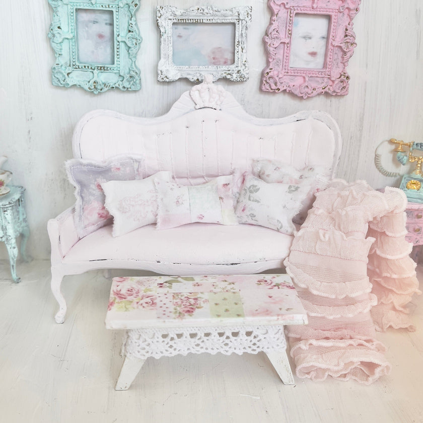 Chantallena White Bed Linens Pink Painted Vintage Look Sofa with Decoupaged Table| Painted Petals Furniture